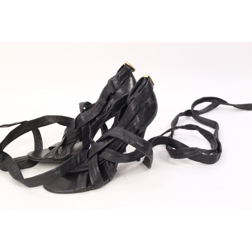 Tory Burch Black Leather Strappy Tie Up Ankle Heeled Sandals Size 8.5 M